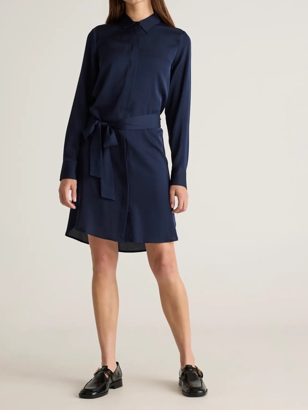 Navy silk stretch long-sleeved shirt dress with silk sash belt